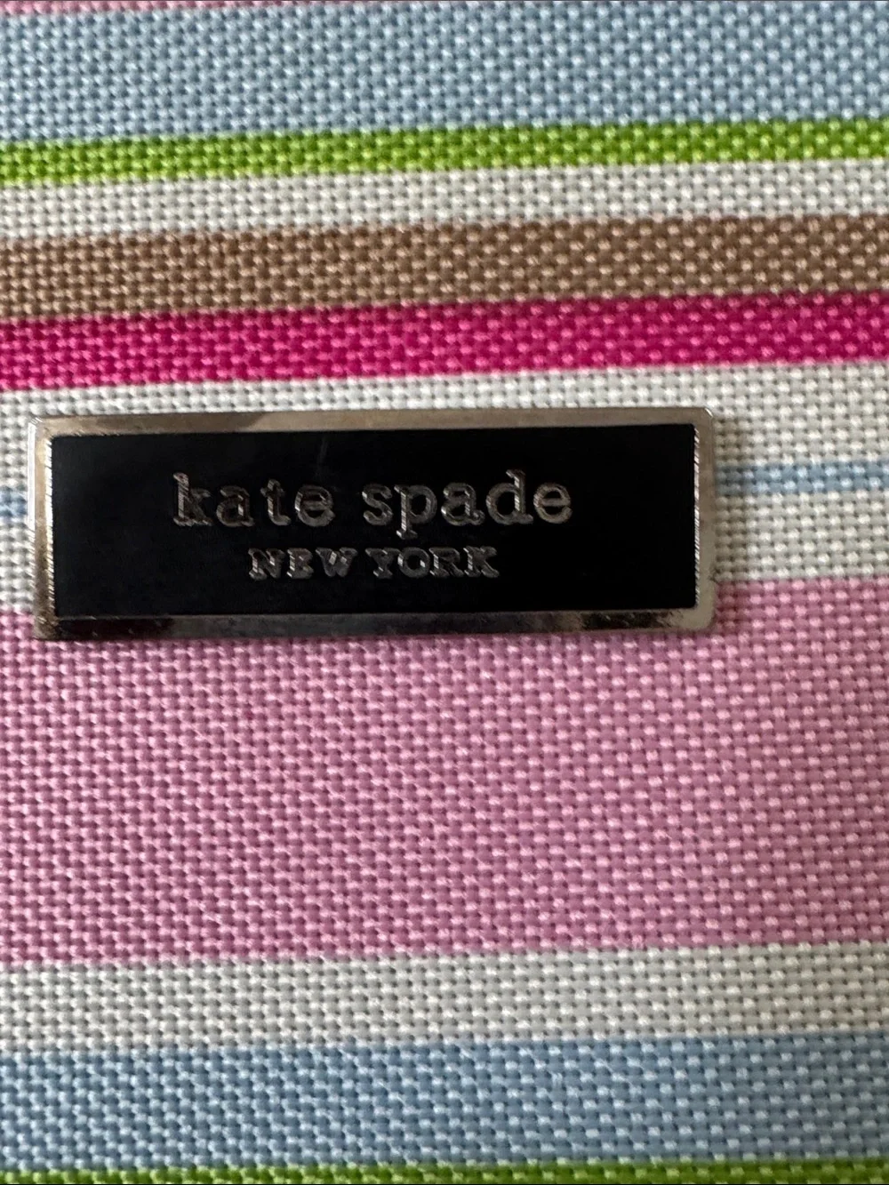 kate spade medium sized multi-striped canvas shoulder bag with leather trim, GUC